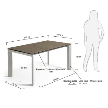 Table extensible Axis grès cérame finition Vulcano Cendrée pieds en acier gris 140(200)cm - dimensions