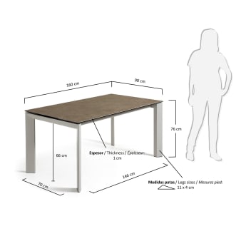 Table extensible Axis grès cérame finition Vulcano Cendrée et pieds acier gris 160(220)cm - dimensions