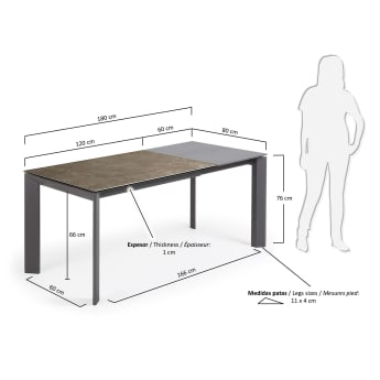 Ανοιγόμενο τραπέζι Axis, κεραμικό Vulcano Ceniza και ανθρακί ατσάλινα πόδια, 120(180)εκ - μεγέθη
