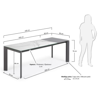 Table extensible Axis grès cérame finition Kalos blanche pieds anthracite 160 (220) cm - dimensions