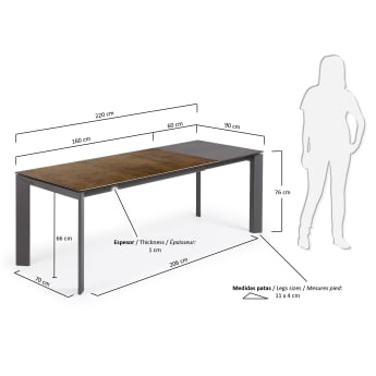 Table extensible Axis grès cérame finition Iron Corten pieds acier gris foncé 160 (220)cm - dimensions