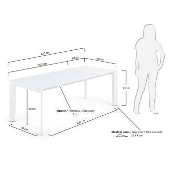 Table extensible Axis en verre blanc et pieds en acier finition blanche 160 (220) cm - dimensions