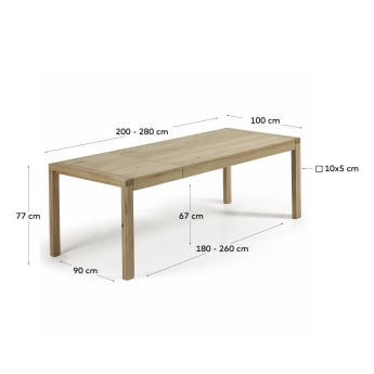 Briva uitschuifbare tafel in eikenfineer met natuurlijke afwerking 200 (280) x 100 cm - maten