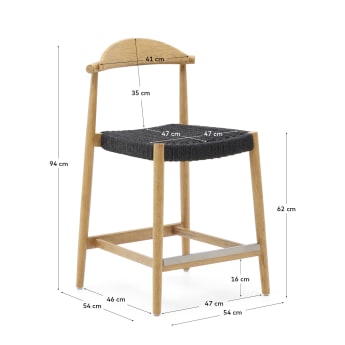 Nina Stool made of solid acacia wood with natural finish and black rope, height 62 cm - sizes