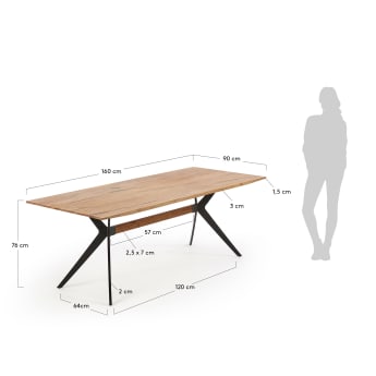 Table Amethyst placage de chêne effet vieilli et pieds en acier finition noire 160 x 90 cm - dimensions