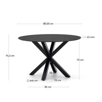 Argo round table with black glass and black steel legs Ø 120 cm - sizes