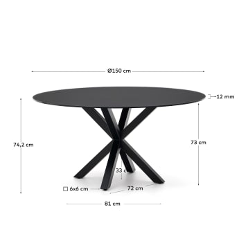 Argo ronde glazen tafel met stalen poten in zwart Ø 150 cm - maten