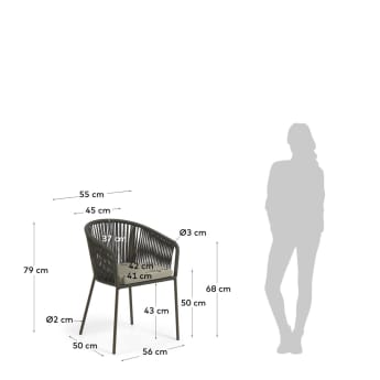 Krzesło Yanet z zielonej liny i nogami z galwanizowanej stali - rozmiary