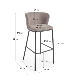 Ciselia stool in brown chenille with steel legs in black finish, 65 cm height - sizes