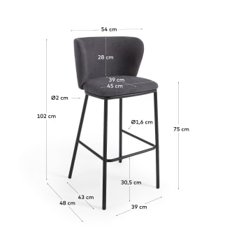 Ciselia stool in dark grey chenille and black steel, 75 cm FSC Mix Credit - sizes