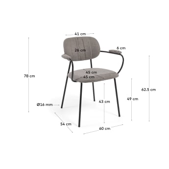 Cadeira empilhável Auxtina de chenille castanho-claro e aço preto - tamanhos
