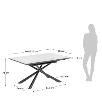 Table extensible Theone en grès cérame blanc et pieds en acier noir 160 (210) x 90 cm - dimensions