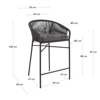 Yanet stackable stool made from black cord and galvanised steel, height 80 cm - sizes