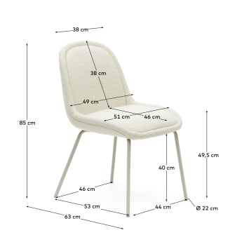 Cadeira Aimin pelo efeito cordeiro branco e pernas de aço com acabamento pintado bege mate - tamanhos