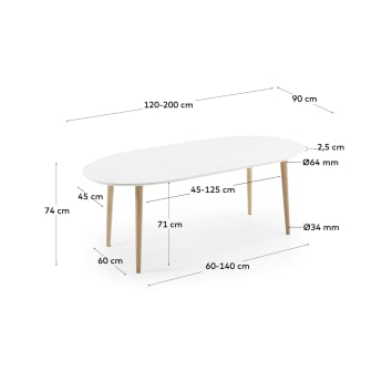 Oqui oval extendable MDF table with white lacquer and solid beech legs 120 (200) x 90 cm - sizes