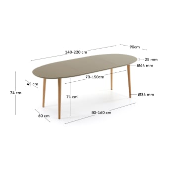 Table extensible ovale Oqui MDF laqué marron et pieds bois hêtre 140 (220) x 90 cm - dimensions