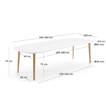 Rozkładany stół Oqui lakierowana biała płytya MDF nogi z litego buku Ø 160 (260) x 100 cm - rozmiary