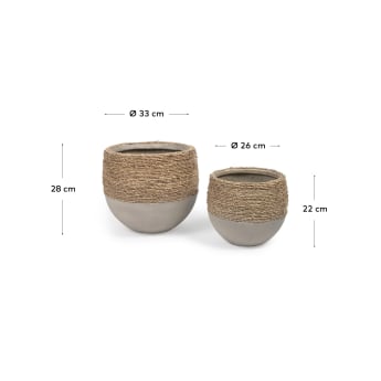 Ensemble Tamim de 2 cache-pots en ciment finition naturelle et blanche Ø 26 cm / Ø 33 cm - dimensions
