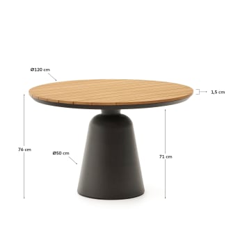 Okrągły stół ogrodowy Tudons z aluminium z wykończeniem szarym i drewna tekowego 100% FSC Ø120 cm - rozmiary