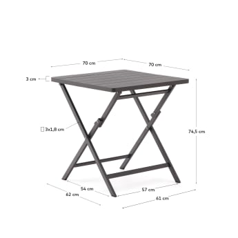 Table pliante d'extérieur Torreta en aluminium, finition gris foncé, 70 x 70 cm - dimensions