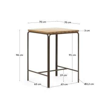 Table haute d'extérieur Salguer bois acacia massif acier marron 70 x 70 cm FSC 100% - dimensions
