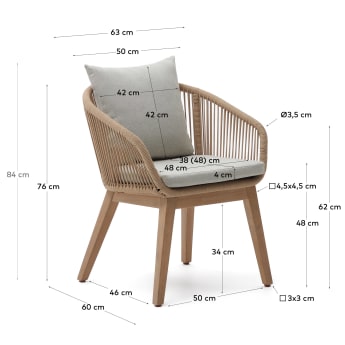 Krzesło Portalo z beżowej liny i nogami z litego drewna akacjowego - rozmiary