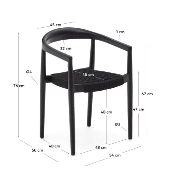 Chaise empilable Ydalia en teck massif, finition noire et corde noire - dimensions