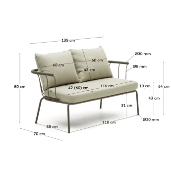 Salguer sofa in green cord and steel with a brown painted finish, 134 cm - sizes