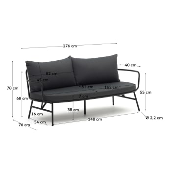 Bramant steel 2 seater sofa with black finish, 175.5 cm - sizes