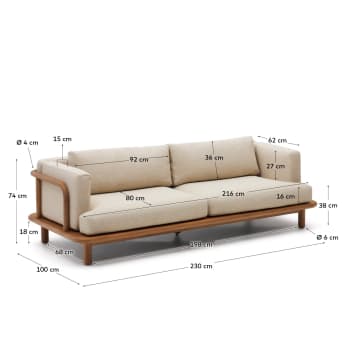 Καναπές 3-θέσιος Turquette από μασίφ ξύλο τικ 230 εκ. FSC 100% FSC - μεγέθη