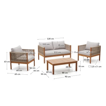 Ensemble Esgrau canapé 2 places, 2 fauteuils et table basse en bois d’acacia FSC 100 % corde beige - dimensions