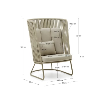 Outdoor fauteuil Saconca met hoge rugleuning in touw en groen gegalvaniseerd staal - maten