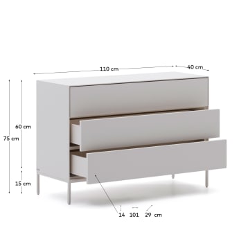 Commode Vedrana 3 tiroirs DM laqué blanc 110 x 75 cm - dimensions