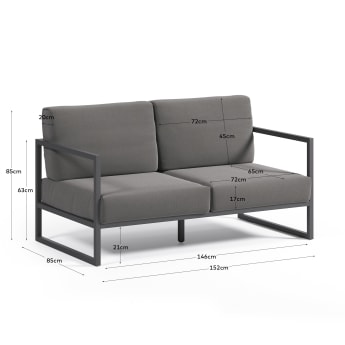 Sofa 2-osobowa Comova 100% ogrodowa w kolorze ciemnoszarym i czarnym z aluminium 150 cm - rozmiary
