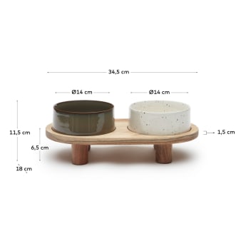 Set van 2 houten voerbakjes met houten standaard voor huisdieren Dumbi wit en bruin Ø 14 cm - maten