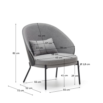 Eamy lichtgrijze fauteuil in essenhoutfineer met zwarte afwerking en zwart metaal - maten
