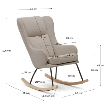 Maustin rocking chair in beige chenille with a black steel structure and beech wood - sizes