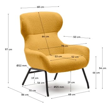 Belina-fauteuil van mosterkleurige schapenvacht en zwarte staal. - maten