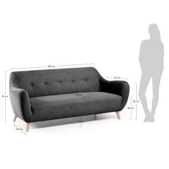 Orby 3 seater sofa in dark grey with solid oak wood legs, 190 cm - sizes