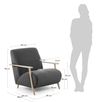 Meghan fauteuil met zwarte poten in massief essenhout met natuurlijke afwerking - maten
