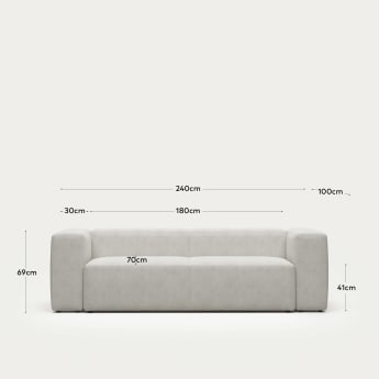 Blok 3 seater sofa in white fleece, 240 cm FR - dimensions