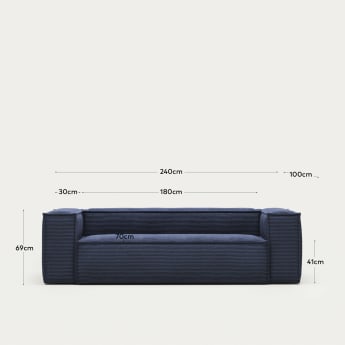 Blok 3 seater sofa in blue corduroy, 240 cm FR - sizes