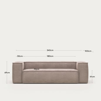 Blok 3 seater sofa in pink wide seam corduroy, 240 cm - sizes