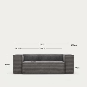 Blok 2 seater sofa in grey corduroy, 210 cm FR - dimensioni