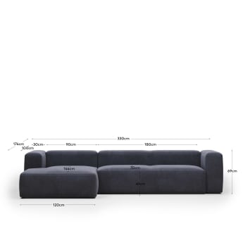 Blok 4 seater sofa with left side chaise longue in blue, 330 cm FR - maten