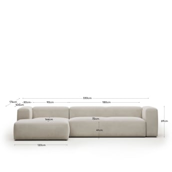 Blok 4 seater sofa with left side chaise longue in white, 330 cm FR - dimensioni