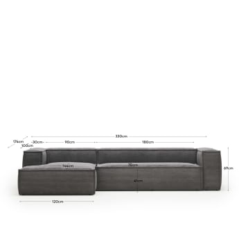 Blok 4 seater sofa with left side chaise longue in grey corduroy, 330 cm FR - maten