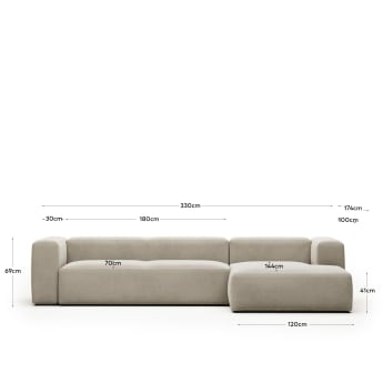 Blok 4 seater sofa with right side chaise longue in beige, 330 cm FR - sizes