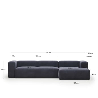 Blok 4 seater sofa with right side chaise longue in blue, 330 cm FR - maten