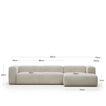Blok 4 seater sofa with right side chaise longue in white, 330 cm FR - dimensions